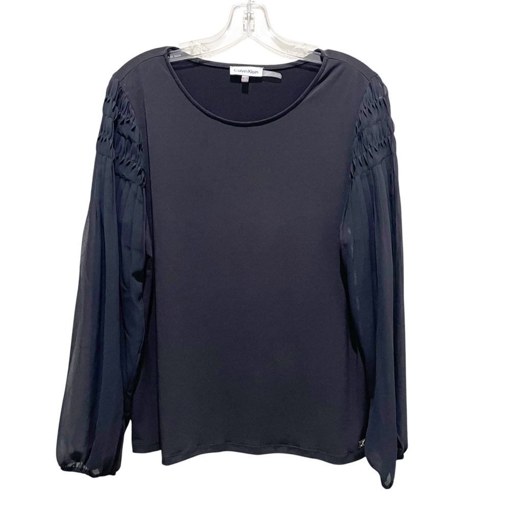 Calvin Klein Smocked Sheer Long Sleeve Sleeve Blouse Black Women’s Size Medium